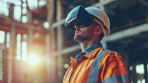 A futuristic architectural engineer, civil engineer wearing an augmented reality headset and overalls on a construction site, the bokeh effect.. photo