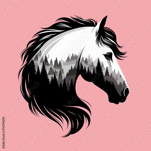 Horse Double Exposure Forrest, Design for Nature Lover, Svg Eps Vector illustration