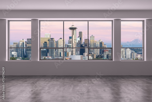 Empty room Interior Skyscrapers View. Cityscape Downtown Seattle City Skyline Buildings from High Rise Window. Beautiful Real Estate. Sunset. 3d rendering.