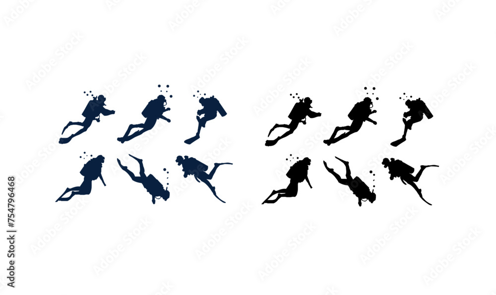 set of hand drawn scuba diver silhouette vector, hand drawn scuba diver icon, set of hand drawn scuba diver silhouette vector, hand drawn scuba diver icon,