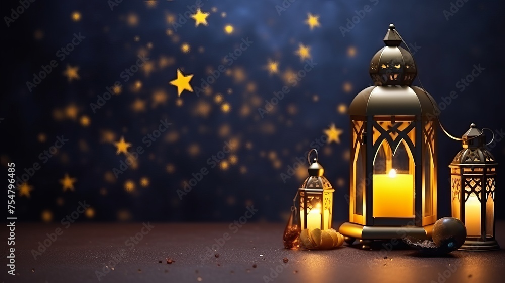 Ramadan and Eid al fitr concept backgrounds dates with Turkish traditional lantern Light Lamps,yellow colour Iftar theme image with confetti, Ramadan Kareem Mubarak 3d background