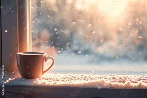 cup of hot coffee by the window Hot drinks in winter and snow add warmth. photo