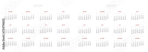Set of 2025-2026 Annual Calendar template. Vector layout of a wall or desk simple calendar with week start Monday. Page for size A4 or 21x29.7