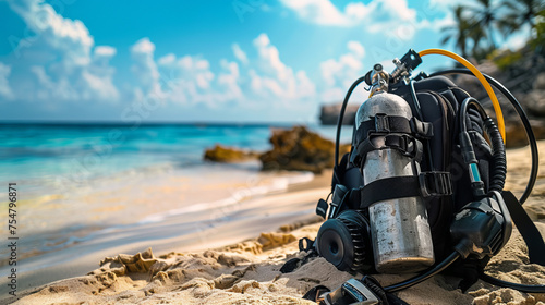 Scuba gear including tank and regulators laid on a sandy beach with a tranquil tropical sea in the background
