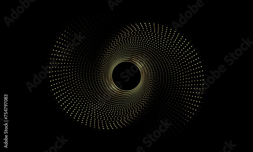 Abstract Golden circle dot wave round frame background, circle with swirl effect, Black Background, Technology Background.