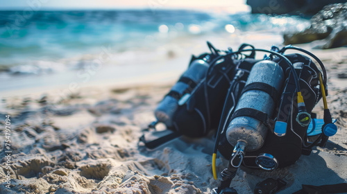 Two scuba air tanks with attached regulators and a diving vest on the shore ready for an underwater adventure photo