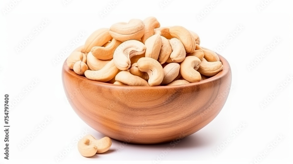 Cashew nuts are arranged in a wooden bowl and isolated on a white background, captured from a top-down view. Cashew nuts are arranged in a wooden bowl and isolated on a white background, captured from a top-down view.