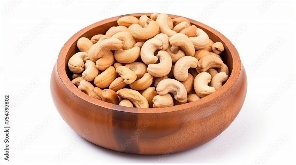 Cashew nuts are arranged in a wooden bowl and isolated on a white background, captured from a top-down view. Cashew nuts are arranged in a wooden bowl and isolated on a white background, captured from a top-down view.