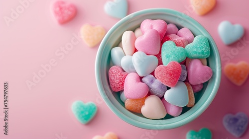 Colorful candies on pastel color pink background