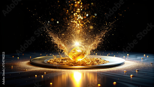 Dynamic Golden Splash on Dark Background, Captivating Liquid Gold Midair. Gold glitter.