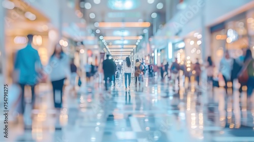 Blurred image of a group of people walking in a shopping mall. Distant view. Sharp image. Stands out on a white report.