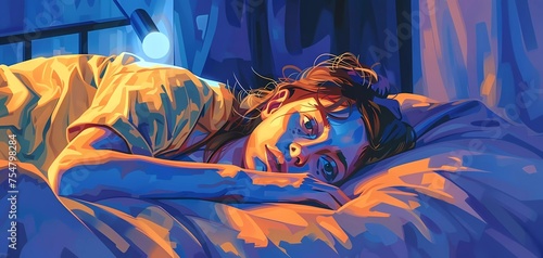 illustration of a girl in bed with insomnia, illness, depression. Sad woman in bed