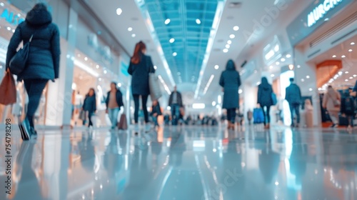 Blurred image of a group of people walking in a shopping mall. Distant view. Sharp image. Stands out on a white report.