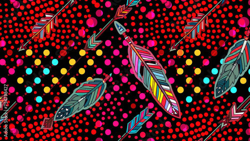 A captivating pattern consisting of repeating dots and minimal items on a red background. indigenous arrows and minimal native feathers, Generative AI