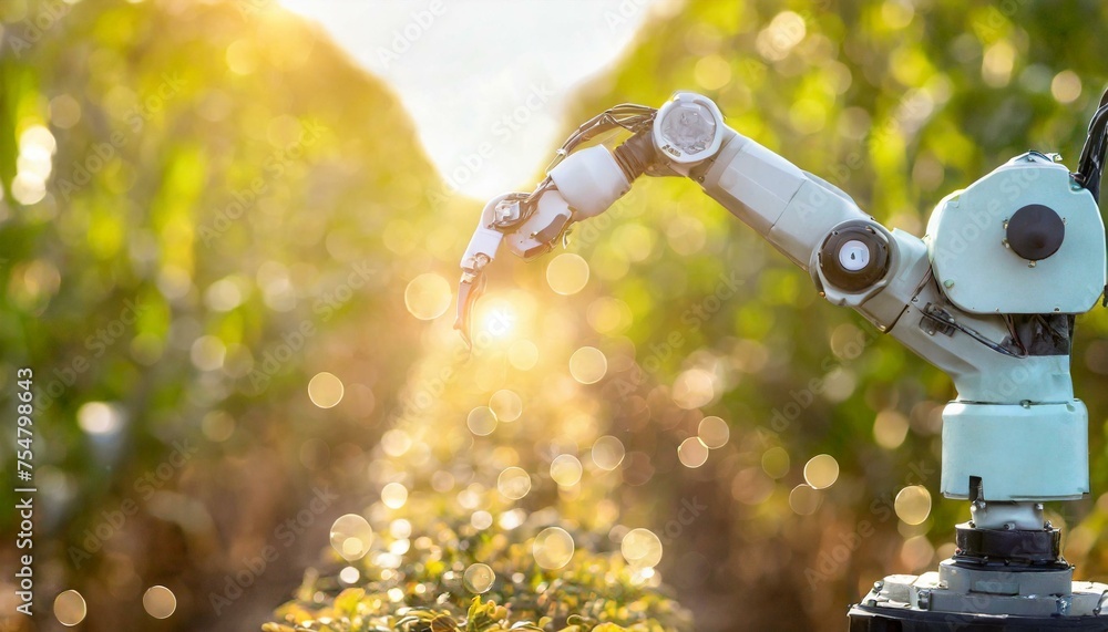 robot arm in green house; robotics and automation industry concept
