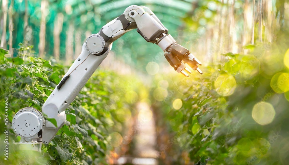 robot arm in green house; robotics and automation industry concept