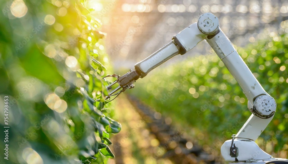 robot arm in green house; robotics and automation industry concept