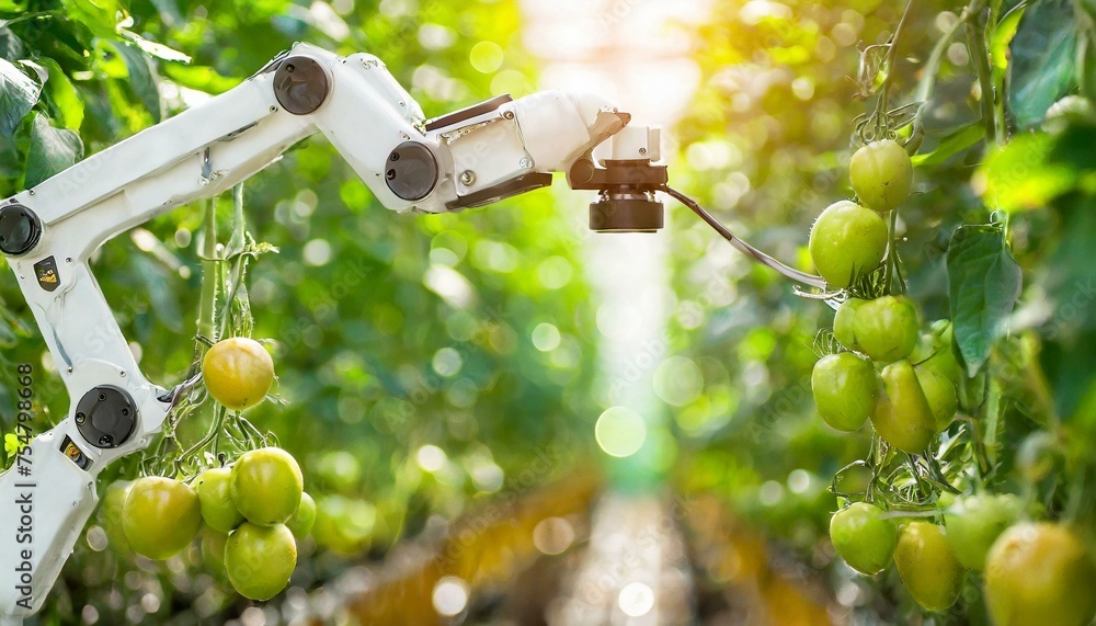 robot arm in green house; robotics and automation industry concept