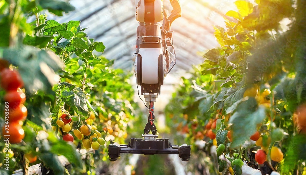 robot arm in green house; robotics and automation industry concept