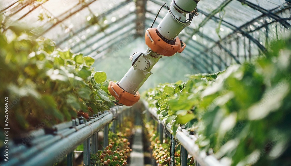 robot arm in green house; robotics and automation industry concept