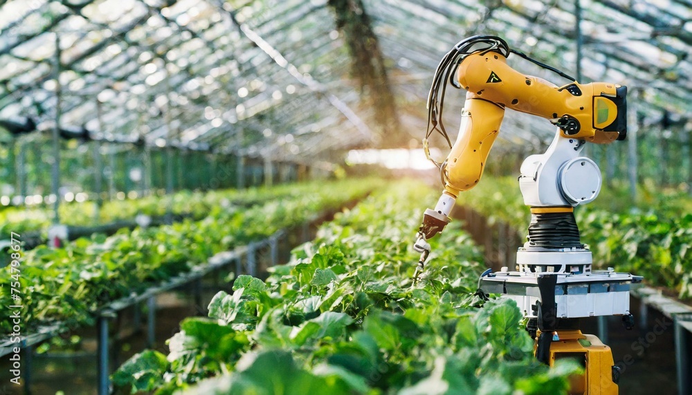 robot arm in green house; robotics and automation industry concept