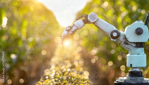 Obraz na płótnie robot arm in green house; robotics and automation industry concept w salonie