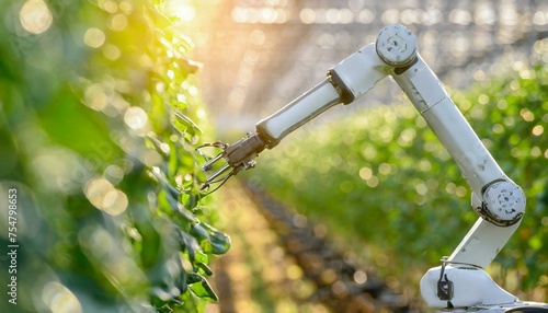 Obraz na płótnie robot arm in green house; robotics and automation industry concept w salonie