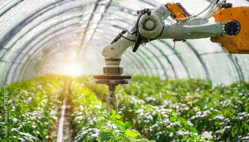 robot arm in green house; robotics and automation industry concept