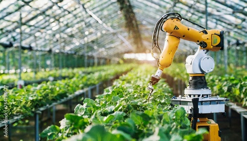 Obraz na płótnie robot arm in green house; robotics and automation industry concept w salonie