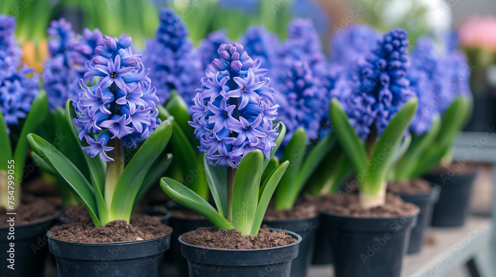 Fototapeta premium Vibrant Hyacinths - Purple Spring Flowers Blooming in Pots