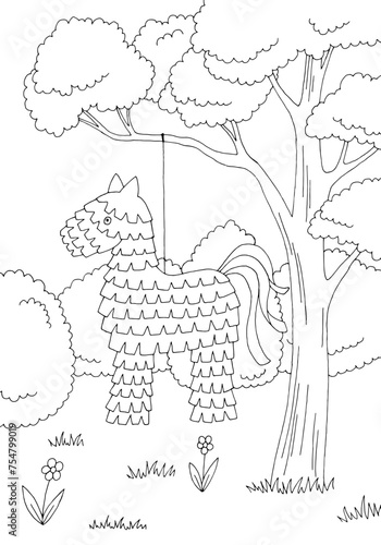 Pinata garden party graphic black white landscape vertical sketch illustration vector 