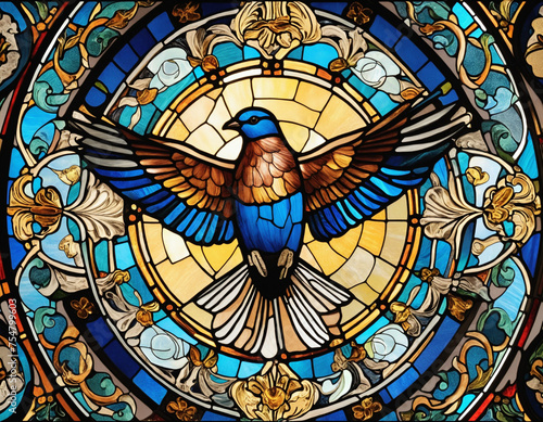 Colorful stained-glass Winged dove, a representation of the New Testament Holy Spirit