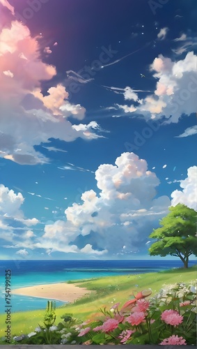 anime fantasy wallpaper background concept : A peaceful scene of a sunset over the ocean with a picturesque sky and clouds, capturing the beauty of nature and summer vibes , generative ai
