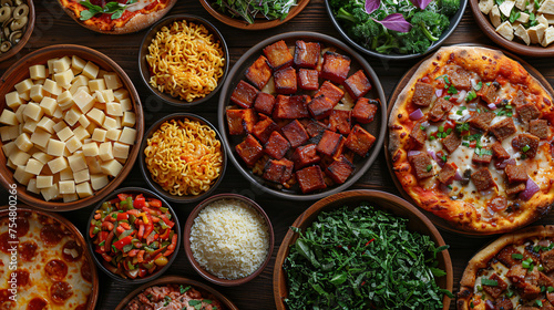 Overhead view of variety of pizza and salad serve