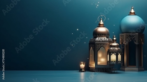 Eid al-Fitr is portrayed with a blue background and a 3D golden half-moon, evoking an Islamic concept. The image is adorned with dates and colorful lantern light lamps. photo