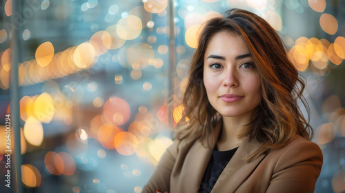  Young business woman in the office, wearing a suit and long hair, with her arms crossed in front of a large window with bokeh lights.