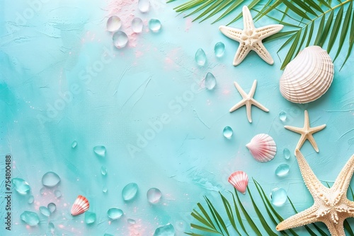 Tropical Background with Palm Trees Branches with starfish and seashell on blue background. Copy space