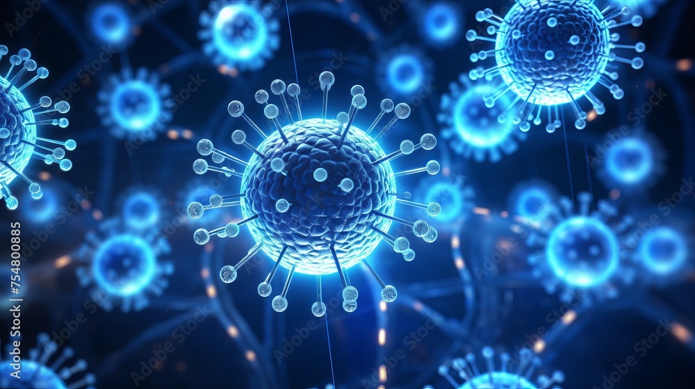 Glowing energy balls shine in a 3D illustration, forming a biology backdrop. The image symbolizes a remedy against the coronavirus outbreak and epidemic. Glowing energy balls shine in a 3D illustration, forming a biology backdrop. The image symbolizes a remedy against the coronavirus outbreak and epidemic.