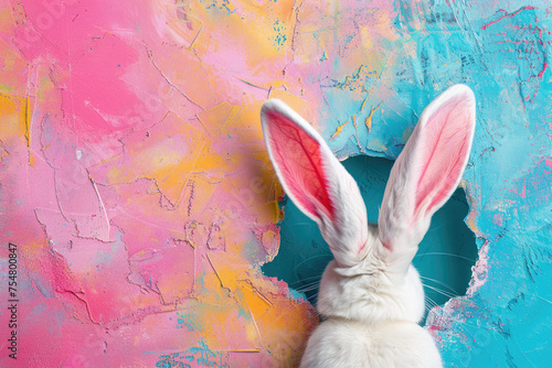 cute easter bunny poking out of a hole in a bright color wall. Happy easter background