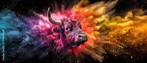  a painting of a bull's head with multi - colored paint splattered on it's face.