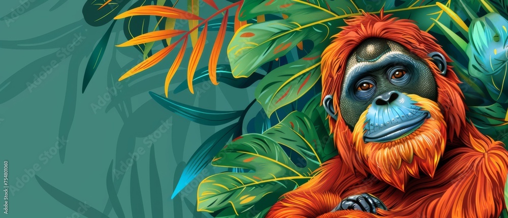  a painting of an orangutan sitting in a tree surrounded by tropical leaves and flowers on a green background.