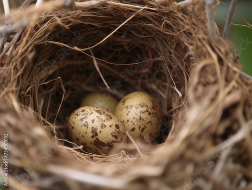 birds eggs in a nest, unhatched eggs in a nest, overhead view, zoomed in photo