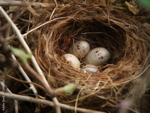 birds eggs in a nest, unhatched eggs in a nest, overhead view, zoomed in photo