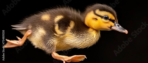  a close up of a duckling on a black background with a blurry image of the duckling's head. © Jevjenijs