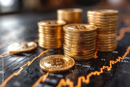 Stacks of golden Bitcoin coins on a blurred background, symbolizing wealth and digital currency