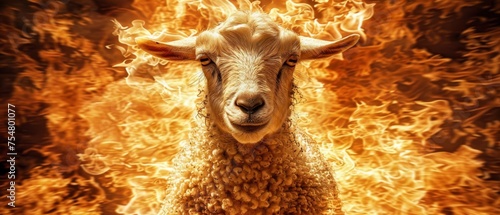  a close up of a sheep with a lot of fire in it's backgroung, looking at the camera with a serious look on its face. photo