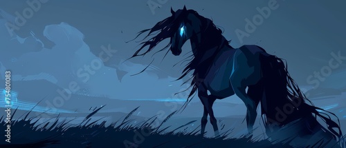  a horse standing in the middle of a field at night with glowing eyes on it s head and tail.