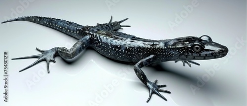  a black and white picture of a lizard on a white background with a reflection of it s body in the water.