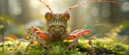  a close up of a praying mantissa on a mossy surface with sunlight shining through the eyes of the praying mantissa mantissa.