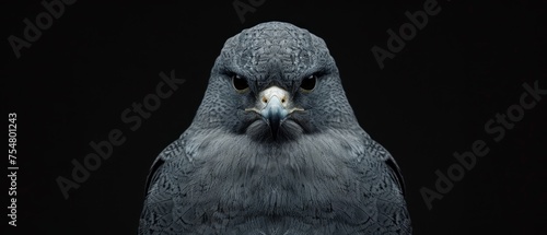  a close up of a black bird with a white spot on its face and a black background with a black background.